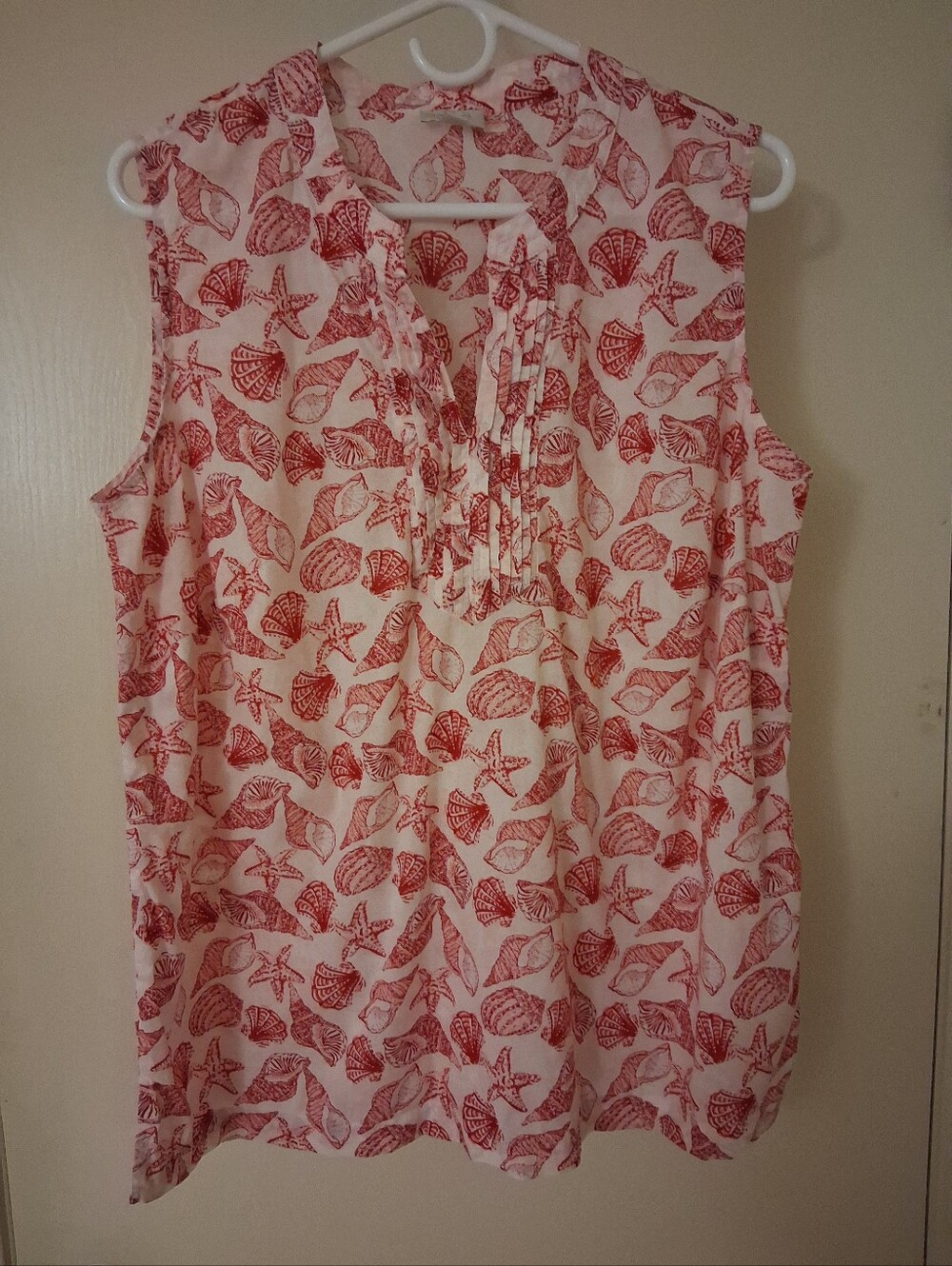 Talbots Red and White Shell-Print Sleeveless Top
